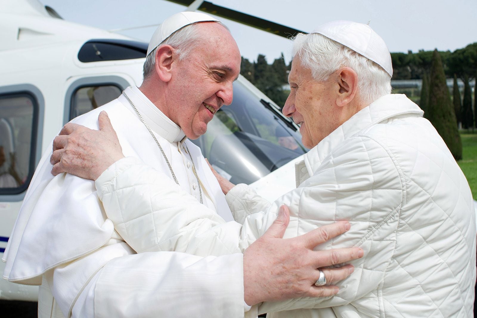 Bergoglio was elected pope after Pope Benedict XVI (right) resigned in 2013. © Osservatore Romano Vatican Media—Vatican Pool/Getty Images
