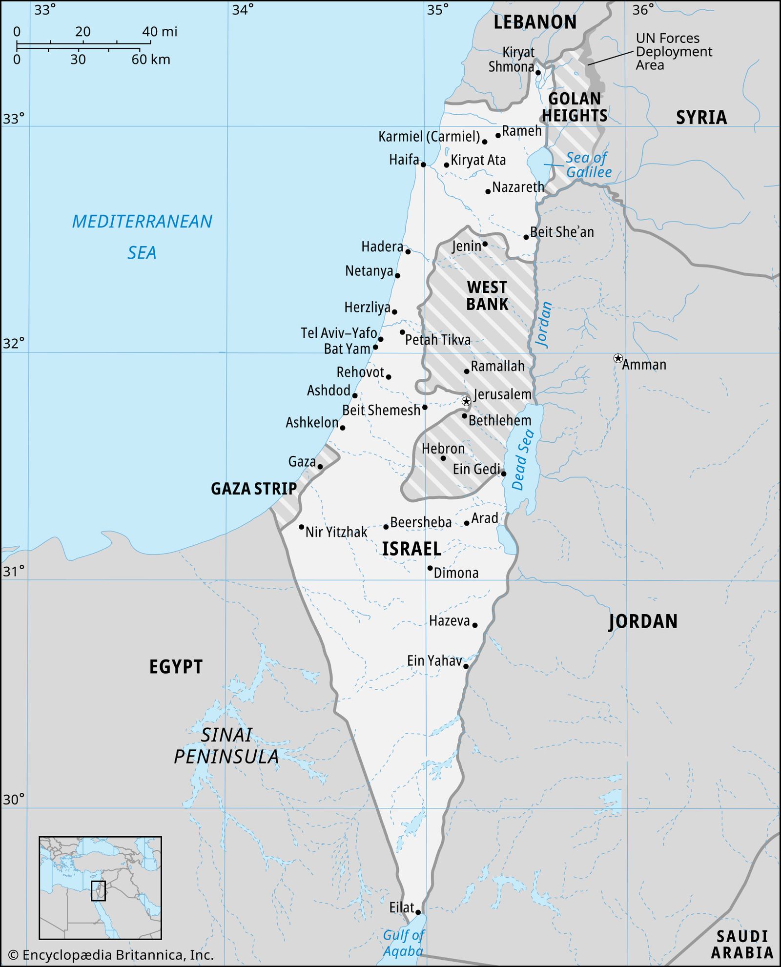 Map of 1983 borders showing the occuption of the West Bank, Gaza Strip, and Golan Heights