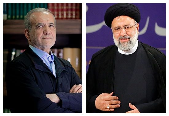 A side-by-side image of Masoud Pezeshkian on the left, in a jacket with arms crossed in front of bookshelve ; on the right, Ebrahim Raisi in clerical attire smiling.