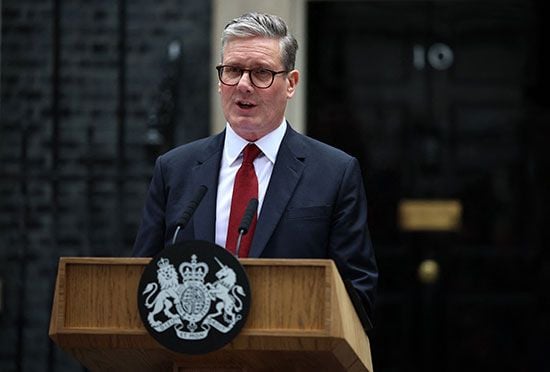 Keir Starmer, the Prime Minister of the United Kingdom and leader of the Labour Party, addresses the nation outside 10 Downing Street in London, England, on July 5, 2024, following his general election victory the previous day.