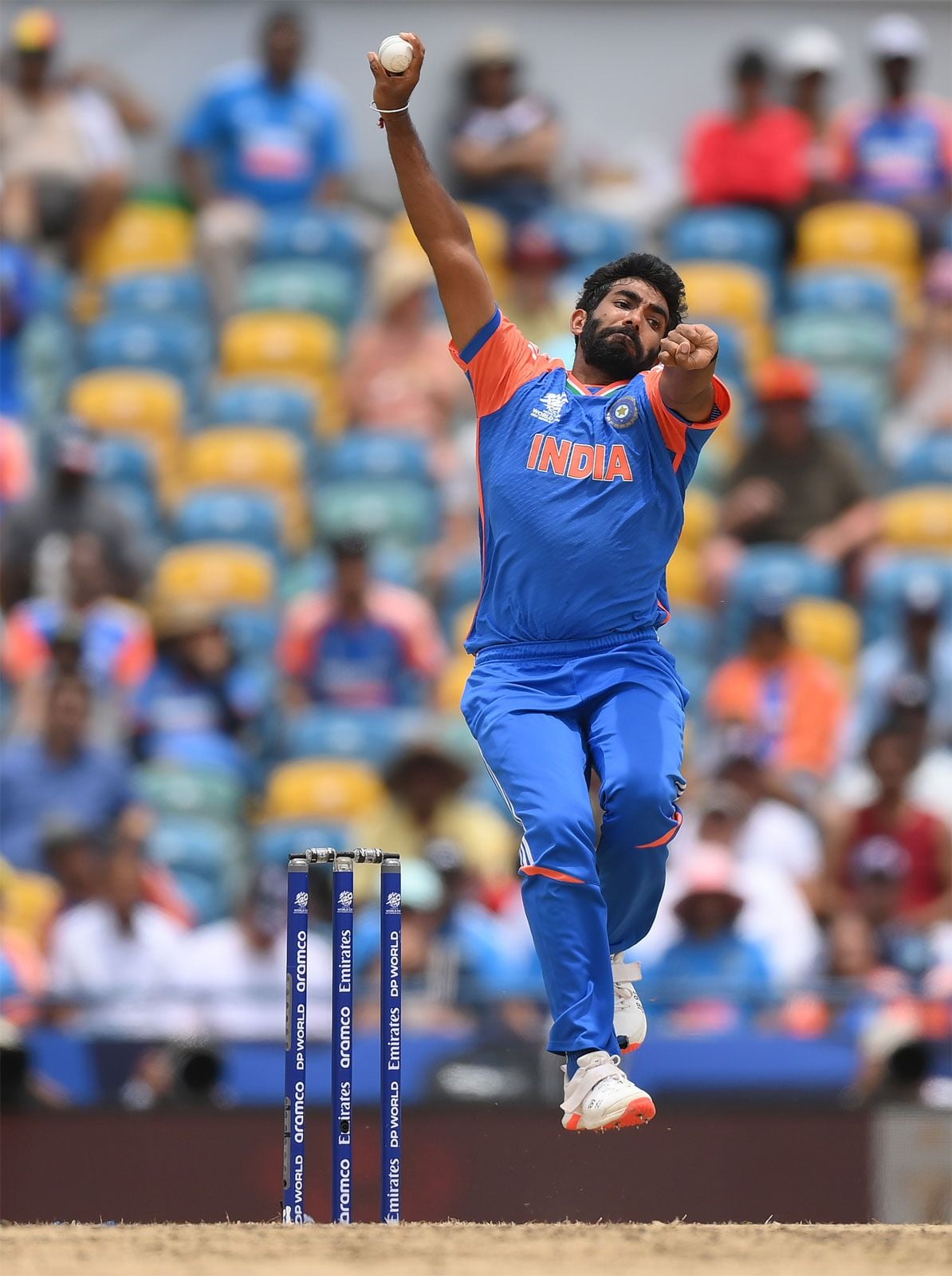 Jasprit Bumrah of India bowls during the ICC Men's T20 Cricket World Cup 2024 Final match against South Africa at Kensington Oval on June 29, 2024, in Bridgetown, Barbados.