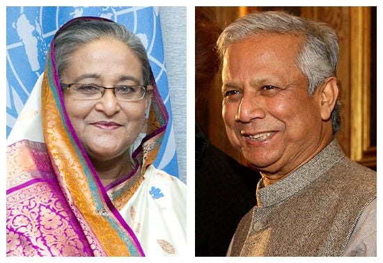 Composite image of (L) Sheikh Hasina, Prime Minister of the People's Republic of Bangladesh, wearing a colorful saree at the United Nations in New York City with UN Secretary-General Ban Ki-moon in September 2012, and (R) Muhammad Yunus, a Bangladeshi economist and Nobel Prize laureate, smiling in 2006.