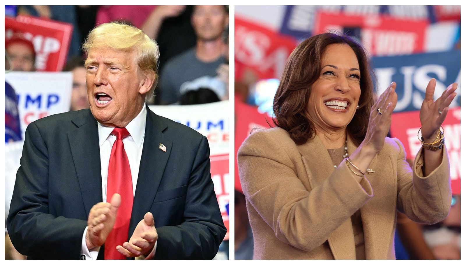 Trump claps while wearing a red tie, speaks on a stage at a rally. The crowd holds 'Trump Vance' signs in the background. Kamala Harris on the right clapping.