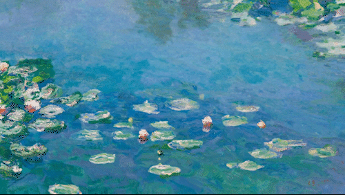 An animated depiction of Claude Monet's "Water Lilies" (1906) painting, showing a tranquil pond with water lilies floating on reflective blue water.